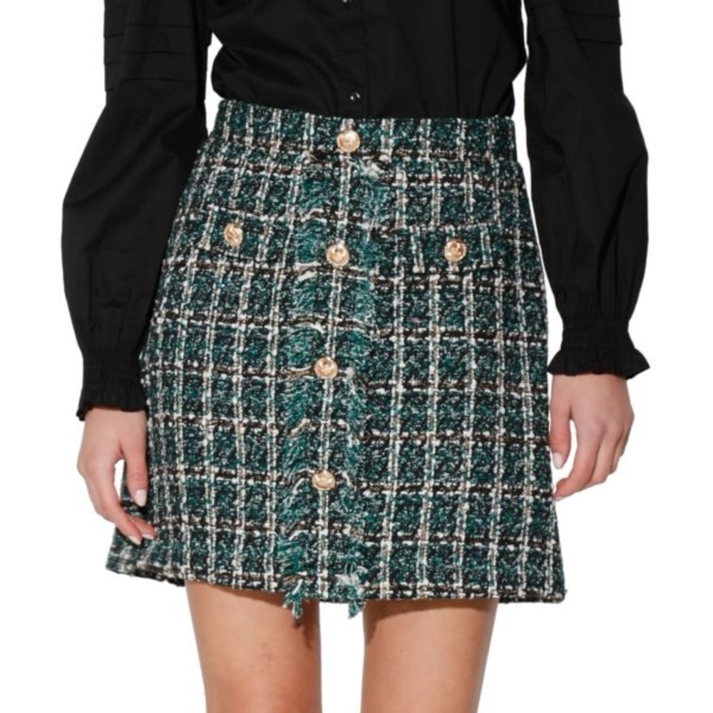 Walter Baker Green Tweed Mini Skirt w/ Gold Buttons - Size 6 - Picture 4 of 11